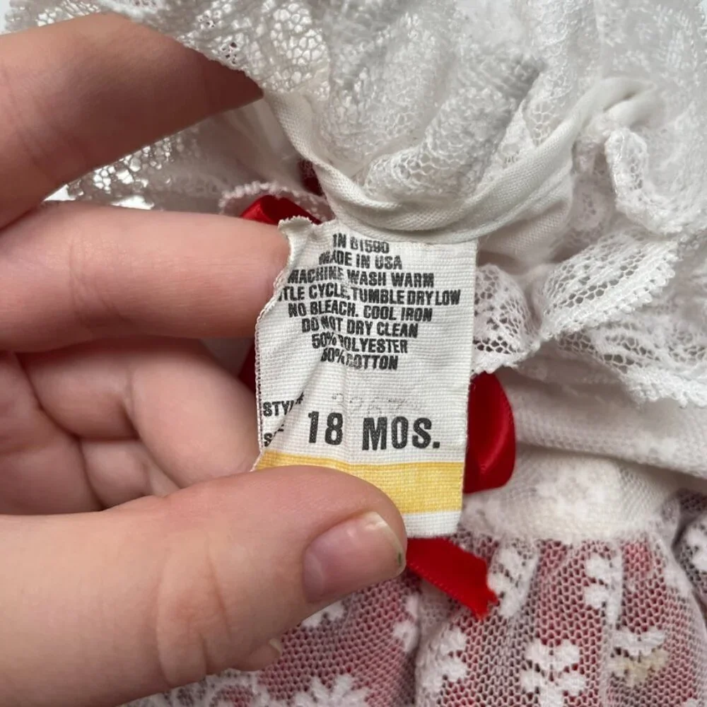 Vintage Toddler 18M Red Velvet and Lace Trim Christmas Dress w/ Bubble Sleeves